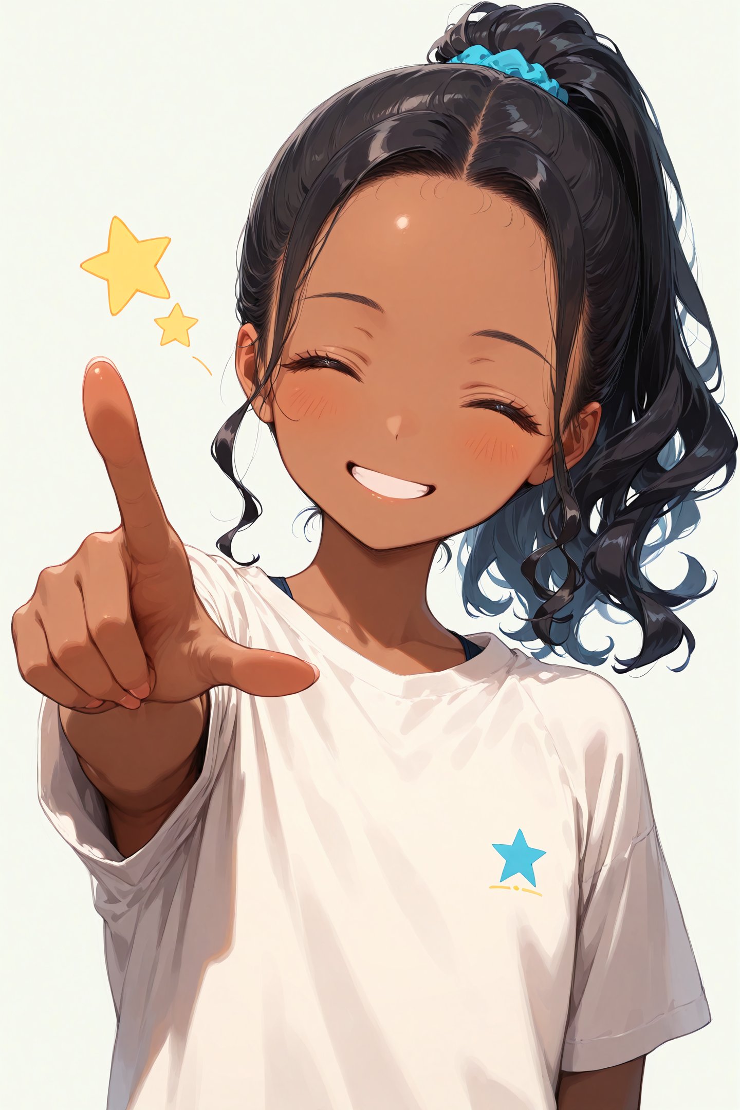 00183-1448234060-masterpiece,best quality,_1girl,solo,forehead,black hair,wavy hair,dark skin,smile,pointing,star,upper body,ponytail,close eyes.jpg